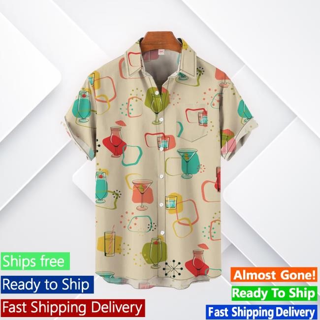 Colorful Cartoon Cocktail Glass Medieval Style Geometric Printing Breast Pocket Shirts
