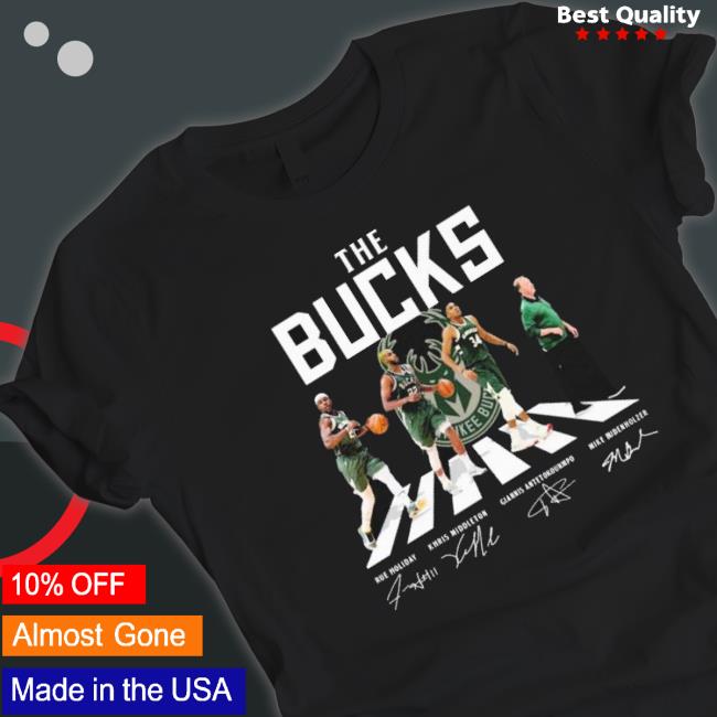 The Bucks Rue Holiday Khris Middleton Giannis Antetokounmpo And Mike Budenholzer Abbey Road Signatures Tee Shirt