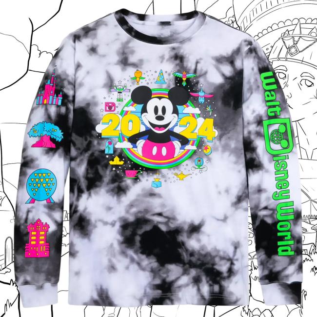 Official Shop Disney Merch Store Mickey Mouse Tie-Dye Long Sleeve Tees Walt Disney World 2024 Shopdisney
