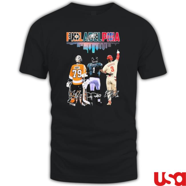 Philadelphia Sports Team Carter Hart Jalen Hurts And Bryce Harper Signatures T-Shirt
