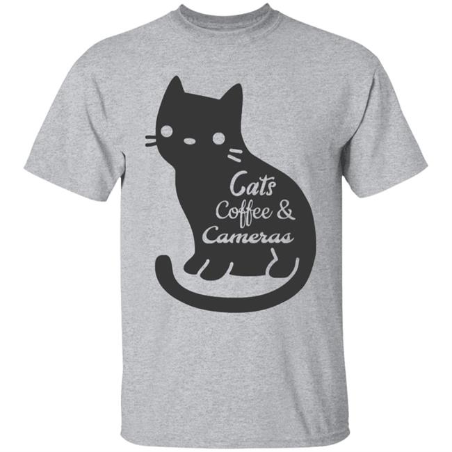 Cat t shirt"Cats Coffee & Cameras" written out in different script fonts with a cute cat icon in the background. white Hoodie, Sweatshirt Plus Size Cat t shirt"Cats Coffee & Cameras" written out in different script fonts with a cute cat icon in the background. white Hoodie, Sweatshirt Plus Size