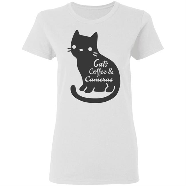 Cat t shirt"Cats Coffee & Cameras" written out in different script fonts with a cute cat icon in the background. white Hoodie, Sweatshirt Plus Size Cat t shirt"Cats Coffee & Cameras" written out in different script fonts with a cute cat icon in the background. white Hoodie, Sweatshirt Plus Size