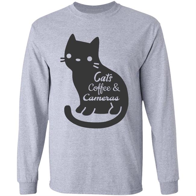 Cat t shirt"Cats Coffee & Cameras" written out in different script fonts with a cute cat icon in the background. white Hoodie, Sweatshirt Plus Size Cat t shirt"Cats Coffee & Cameras" written out in different script fonts with a cute cat icon in the background. white Hoodie, Sweatshirt Plus Size
