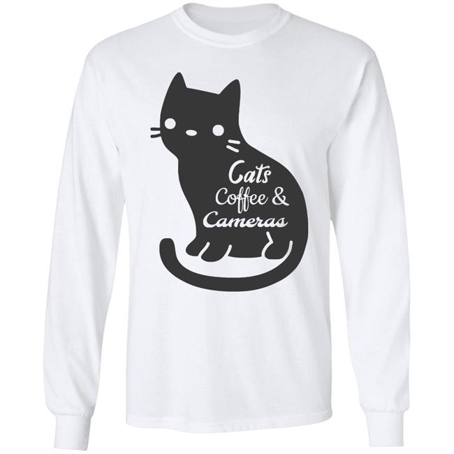 Cat t shirt"Cats Coffee & Cameras" written out in different script fonts with a cute cat icon in the background. white Hoodie, Sweatshirt Plus Size Cat t shirt"Cats Coffee & Cameras" written out in different script fonts with a cute cat icon in the background. white Hoodie, Sweatshirt Plus Size