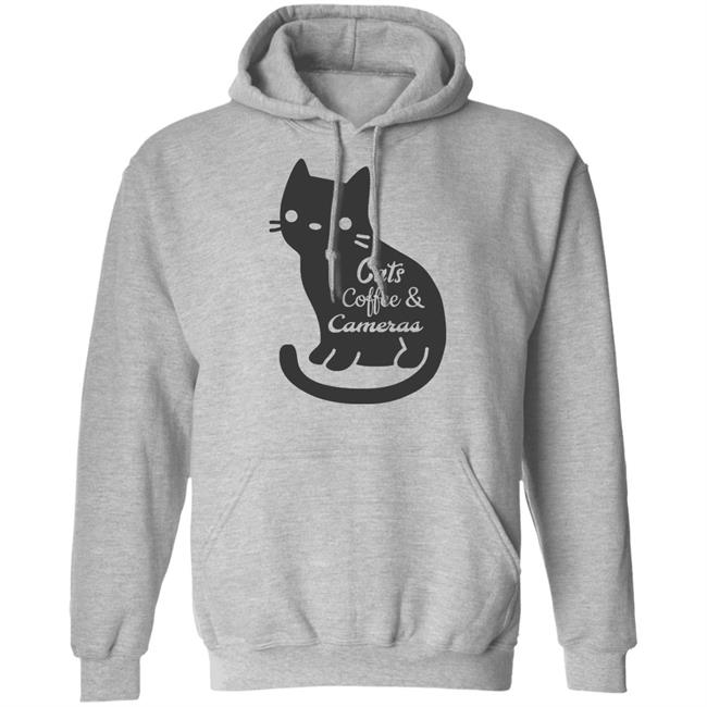 Cat t shirt"Cats Coffee & Cameras" written out in different script fonts with a cute cat icon in the background. white Hoodie, Sweatshirt Plus Size Cat t shirt"Cats Coffee & Cameras" written out in different script fonts with a cute cat icon in the background. white Hoodie, Sweatshirt Plus Size