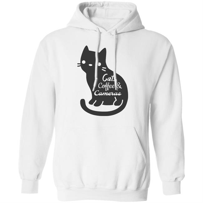 Cat t shirt"Cats Coffee & Cameras" written out in different script fonts with a cute cat icon in the background. white Hoodie, Sweatshirt Plus Size Cat t shirt"Cats Coffee & Cameras" written out in different script fonts with a cute cat icon in the background. white Hoodie, Sweatshirt Plus Size