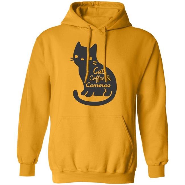 Cat t shirt"Cats Coffee & Cameras" written out in different script fonts with a cute cat icon in the background. white Hoodie, Sweatshirt Plus Size Cat t shirt"Cats Coffee & Cameras" written out in different script fonts with a cute cat icon in the background. white Hoodie, Sweatshirt Plus Size