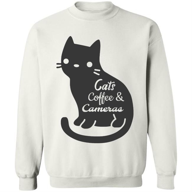 Cat t shirt"Cats Coffee & Cameras" written out in different script fonts with a cute cat icon in the background. white Hoodie, Sweatshirt Plus Size Cat t shirt"Cats Coffee & Cameras" written out in different script fonts with a cute cat icon in the background. white Hoodie, Sweatshirt Plus Size