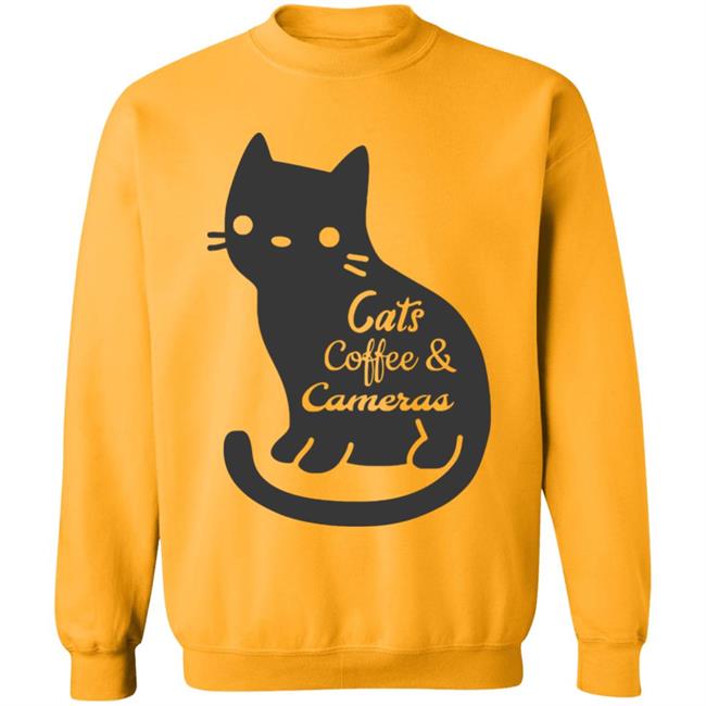 Cat t shirt"Cats Coffee & Cameras" written out in different script fonts with a cute cat icon in the background. white Hoodie, Sweatshirt Plus Size Cat t shirt"Cats Coffee & Cameras" written out in different script fonts with a cute cat icon in the background. white Hoodie, Sweatshirt Plus Size