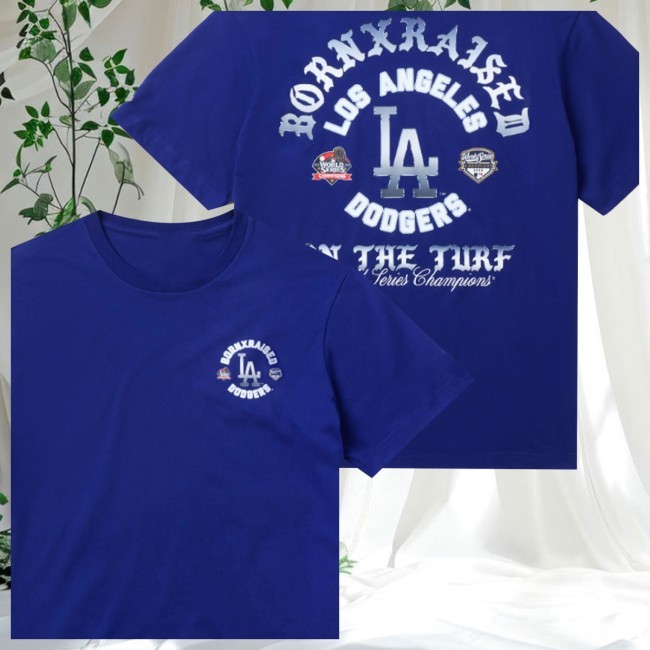 Official Born X Raised Store Merch Born X Raised + Dodgers Chrome Arches Blue Tee Shirt