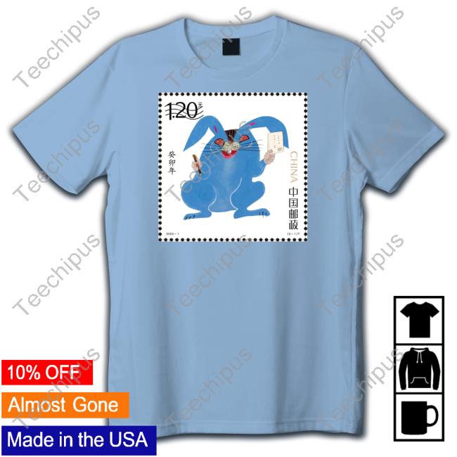 Huang Yongyu Chinese Blue Rabbit Zodiac Stamps Sweatshirt