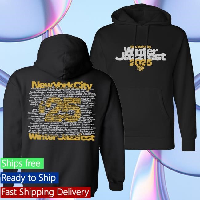 Trending Winter Jazz Fest Merch Store Black Wjf Hoodie With/ Gold And Light Gray / Artist Lineup On Back Shirt